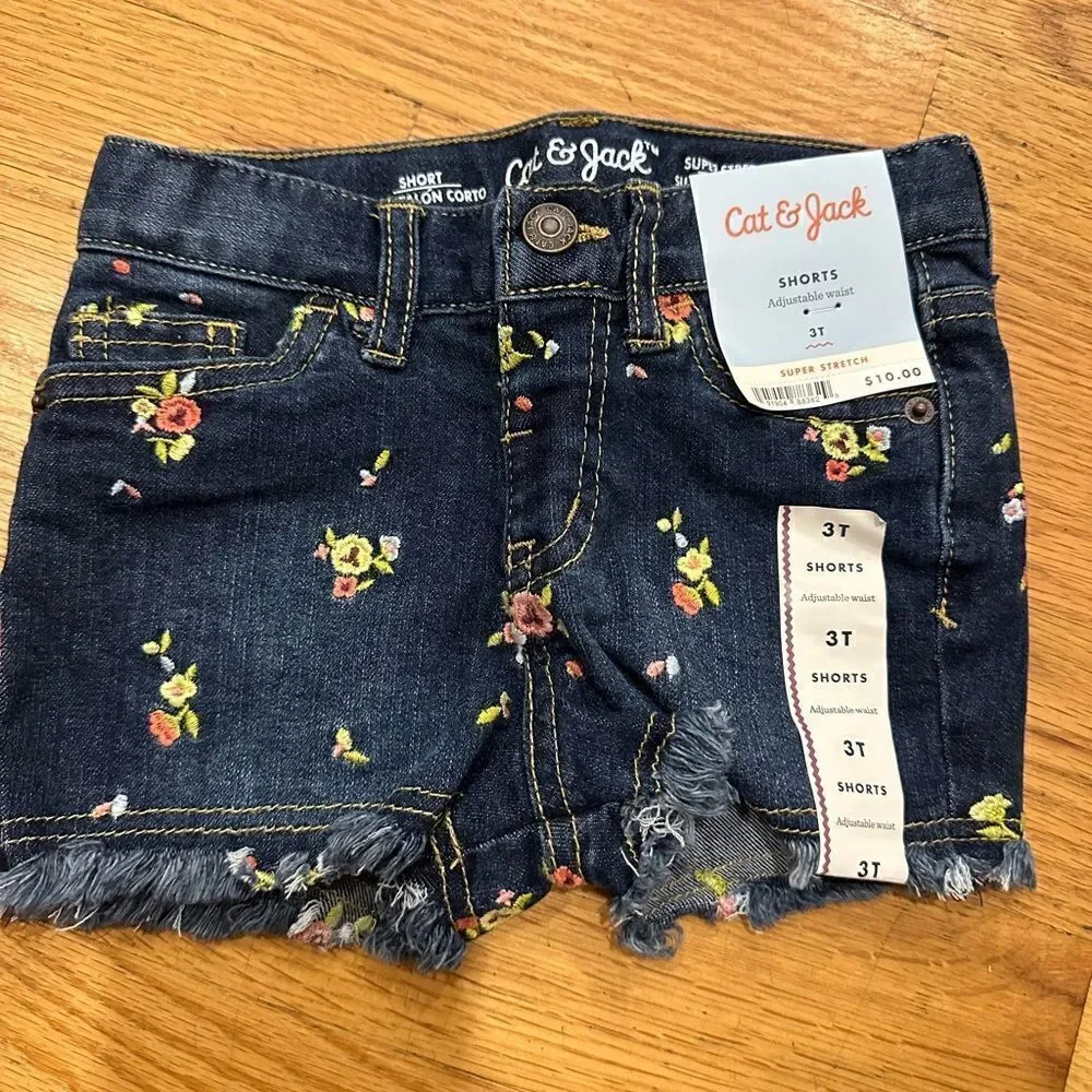 Cat & Jack 3T jean shorts floral frayed denim kids